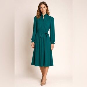 Vintage Adolph Schuman for Lilli Ann Long Sleeve Teal Dress, Button Front Belted